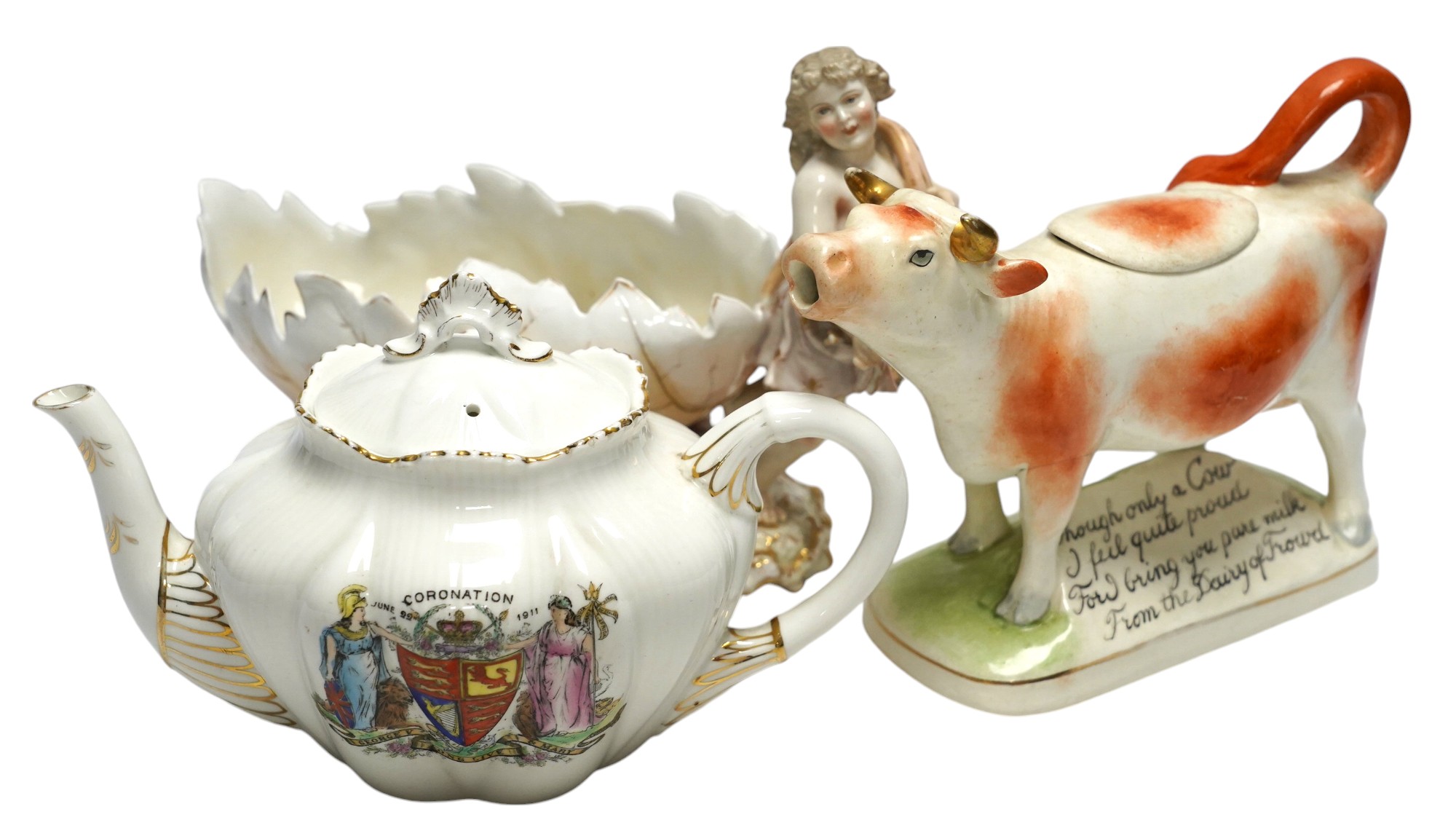 Miscellaneous ceramics and glassware to include Royal Dux cow creamer, a figural centrepiece and a set of six etched glass bowls. Condition - varies, mostly fair